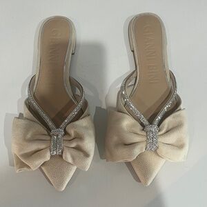 Gianni Bini Cream Flats Loafers with Bow and Rhinestone Detail Sparkle